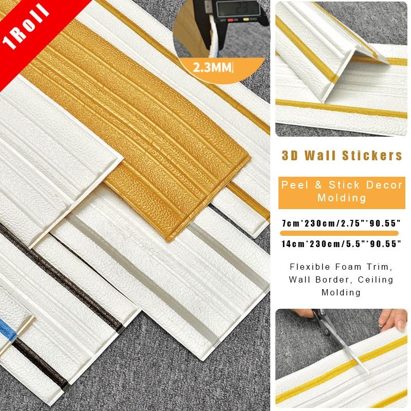 Flexible Thick Foam Peel & Stick Trim, Self Adhesive PVC Wall Border & Ceiling Molding, Removable Skirting Board Edge Strip for Window, Tile Splash Guard, Mirror Edge Home Decor