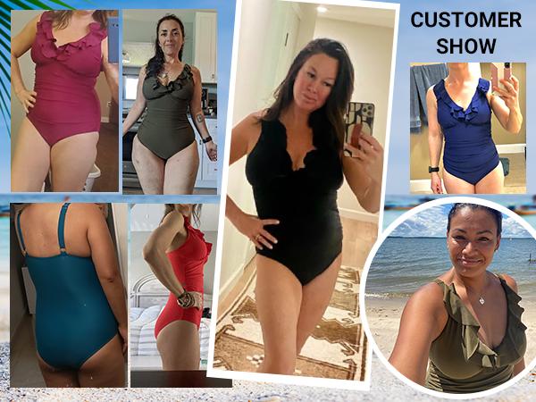 Holipick Women's Ruffle One Piece Swimsuits Tummy Control Bathing Suit V Neck Swimwear Slimming for Teen Girls