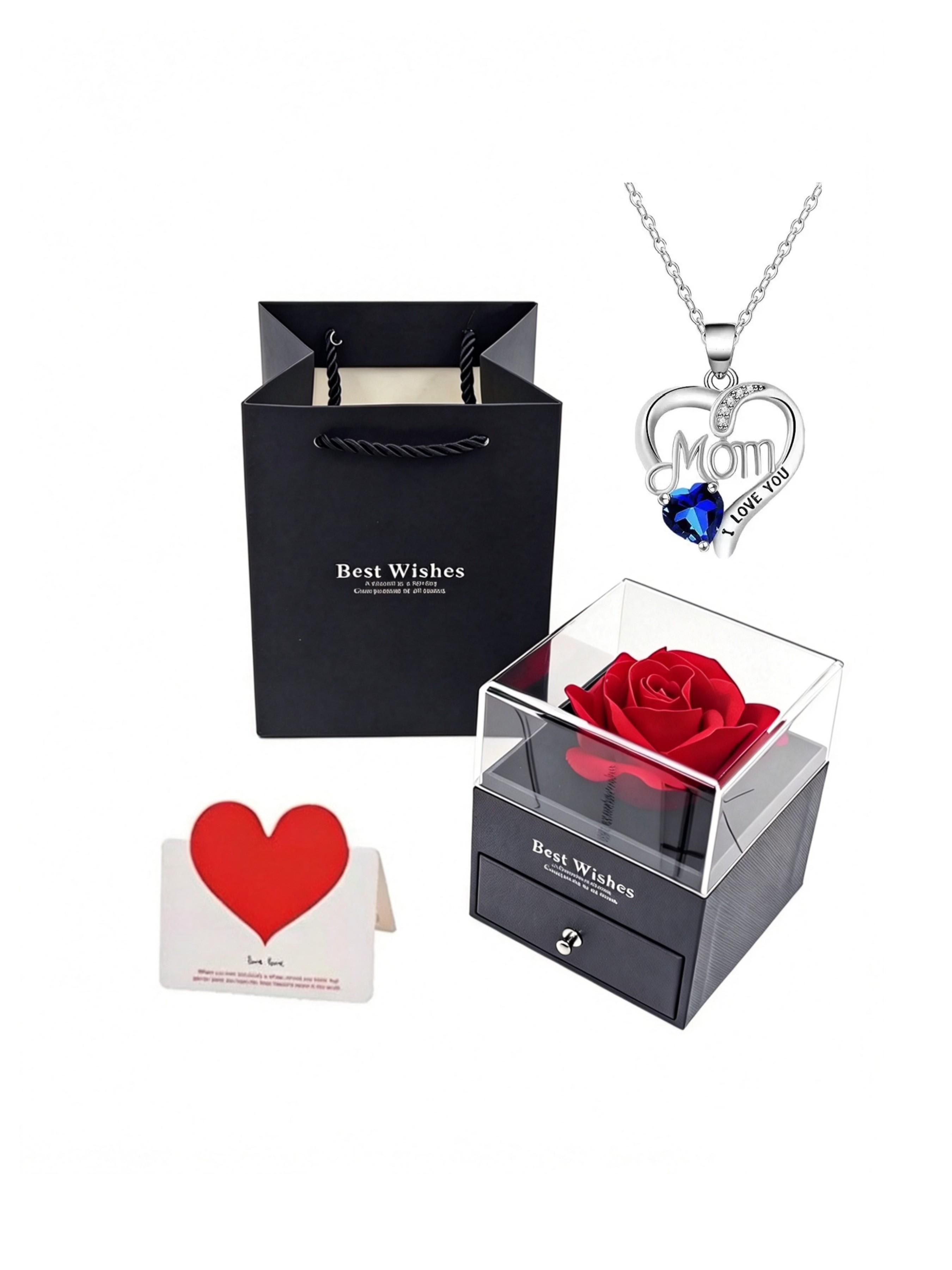 Mother's Day Gift Necklace, Heart Rose Flower Pendant, Personalized Letter Engraving, Elegant Jewelry Box Packaging, Perfect for Mom