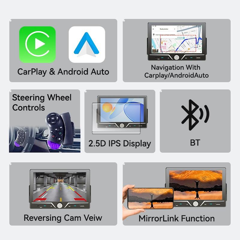 7 Inch Carplay Car Display, Car Video Player, Supports Carplay & Android Auto, Bluetooth-compatible 5.0, USB, TF, Aux, Fm, Fits 1 Din Radio, 12V Voltage