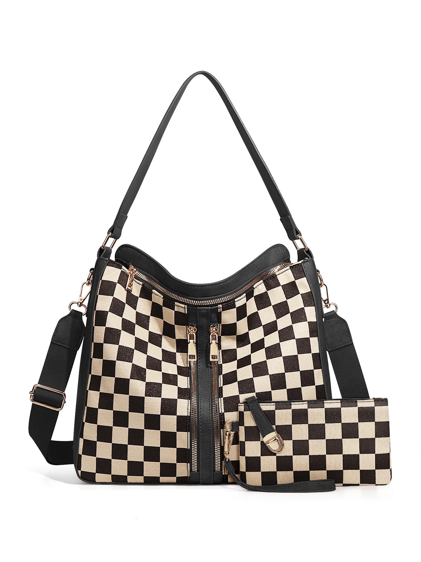 Checkered Plaid Pattern Women Large Crossbody Bags Ladies Satchel Shoulder Handbags Purse and Wallet Set for Women Totes Hobo Purses with Adjustable Strap For Work, Travel Fashionable Patterned Bag