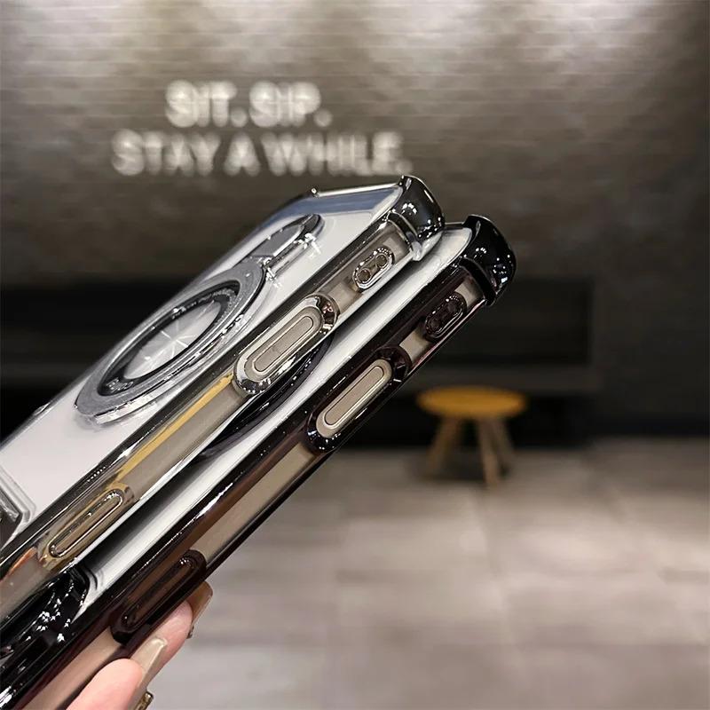 For Magsafe Wireless Charging Case For iPhone 17 Pro Max Air 14 15 Plus 13 12 16 Pro Transparent Plating Ring Holder Phone Cover