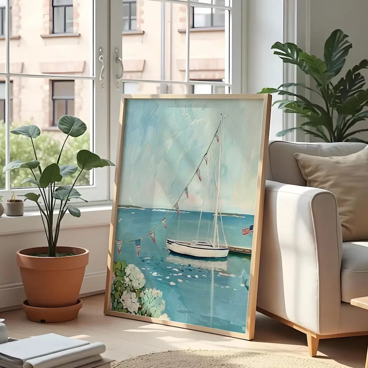 Coastal Sailboat Canvas Wall Art, Ocean Style Beach House Decor Poster, Blue Seaside Scene with American Flag and Hydrangea, Home Decoration Gift