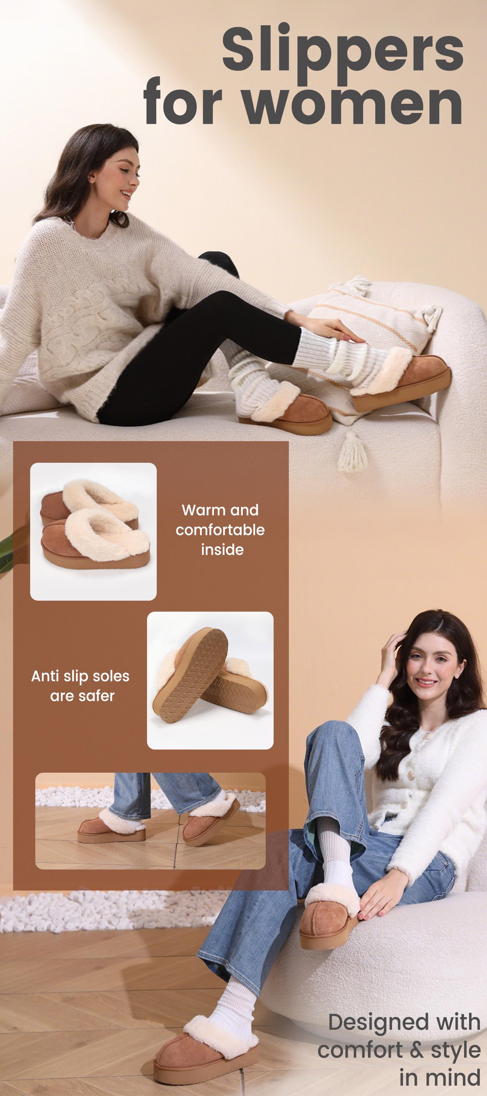 Fuzzy Platform Slippers for Women - Women's Casual Winter House Slippers - Brown, Faux Fur & Shearling Blend - Women's Size