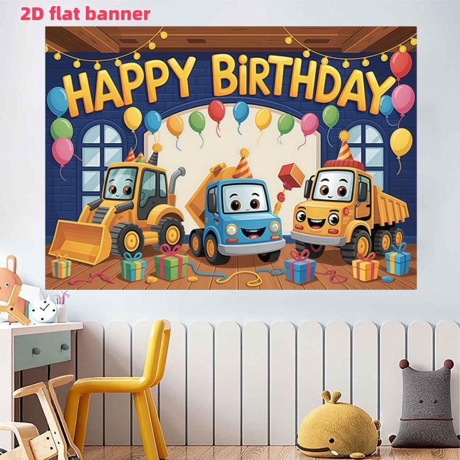 Construction vehicle birthday background banner, bright cartoon truck and balloon design, made of polyester material, suitable for living rooms, bedrooms, offices, birthdays, anniversaries, home decoration, outdoor and indoor parties