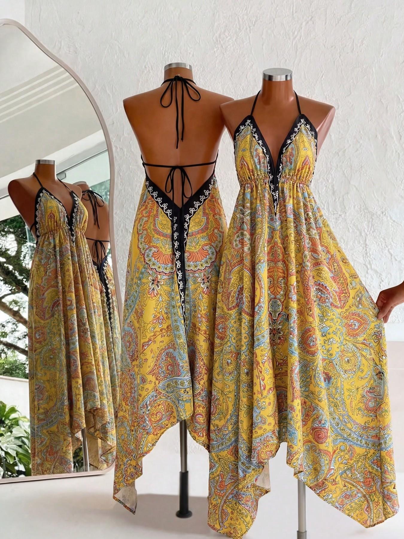 Women's Summer Boho Print Halter Long Dress, Deep V Backless Waist Cinch Sexy Dress, Perfect for Beach Vacation, Date, Daily Wear, Hiking, Boho Printed Dress