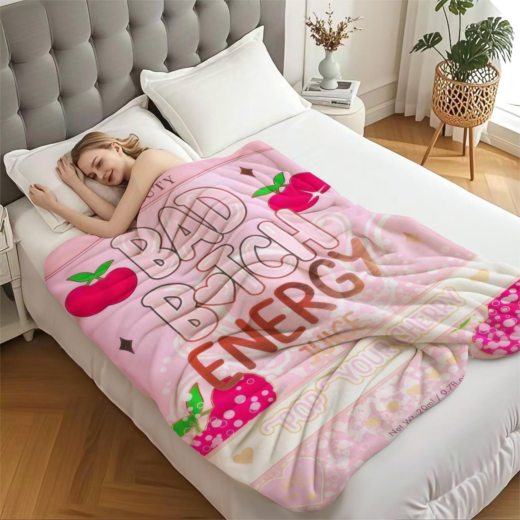 Bad Bitch Energy Flannel Blanket, Y2K Coquette Funny Slogan Cherry Popsicle Throw Blanket, Ultra Soft Warm Blanket for Teen Girls Women, Cute Girly Aesthetic Gift Blanket, Cozy for Couch Bed Sofa Bedroom Dorm
