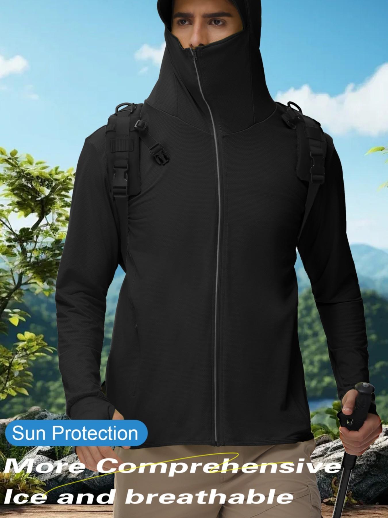 Men's Ice Silk Hooded Sun Protection Jacket, Full Face UV Shield, Breathable Quick-Dry, Outdoor Hiking Climbing Running Cycling Sports Coat
