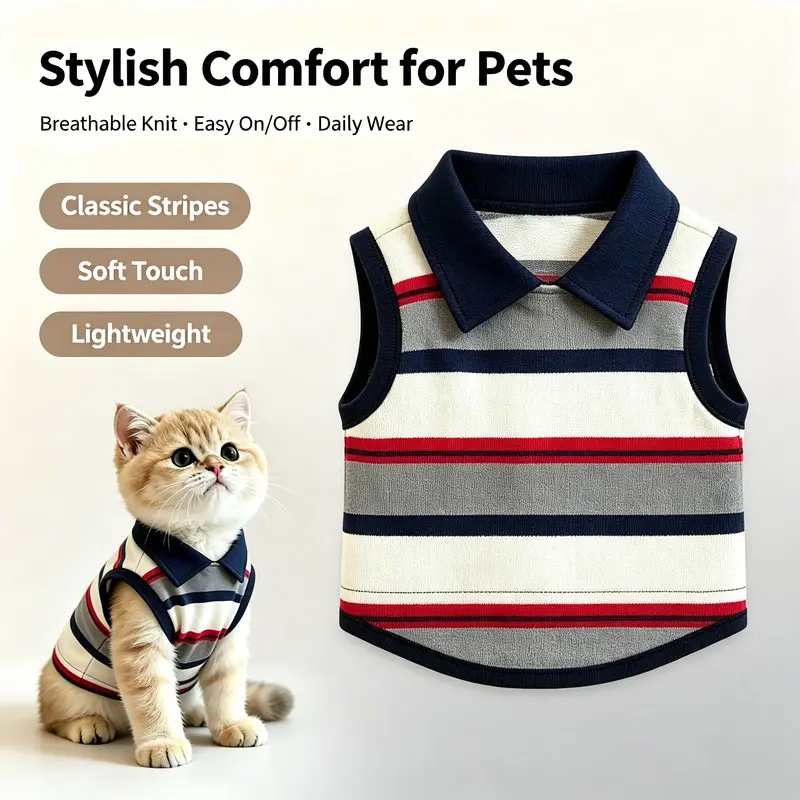Polyester Pet Sleeveless Striped Collared Polo Shirt - Breathable Vest for Cats and Small Dogs, Cute Daily Outfit
