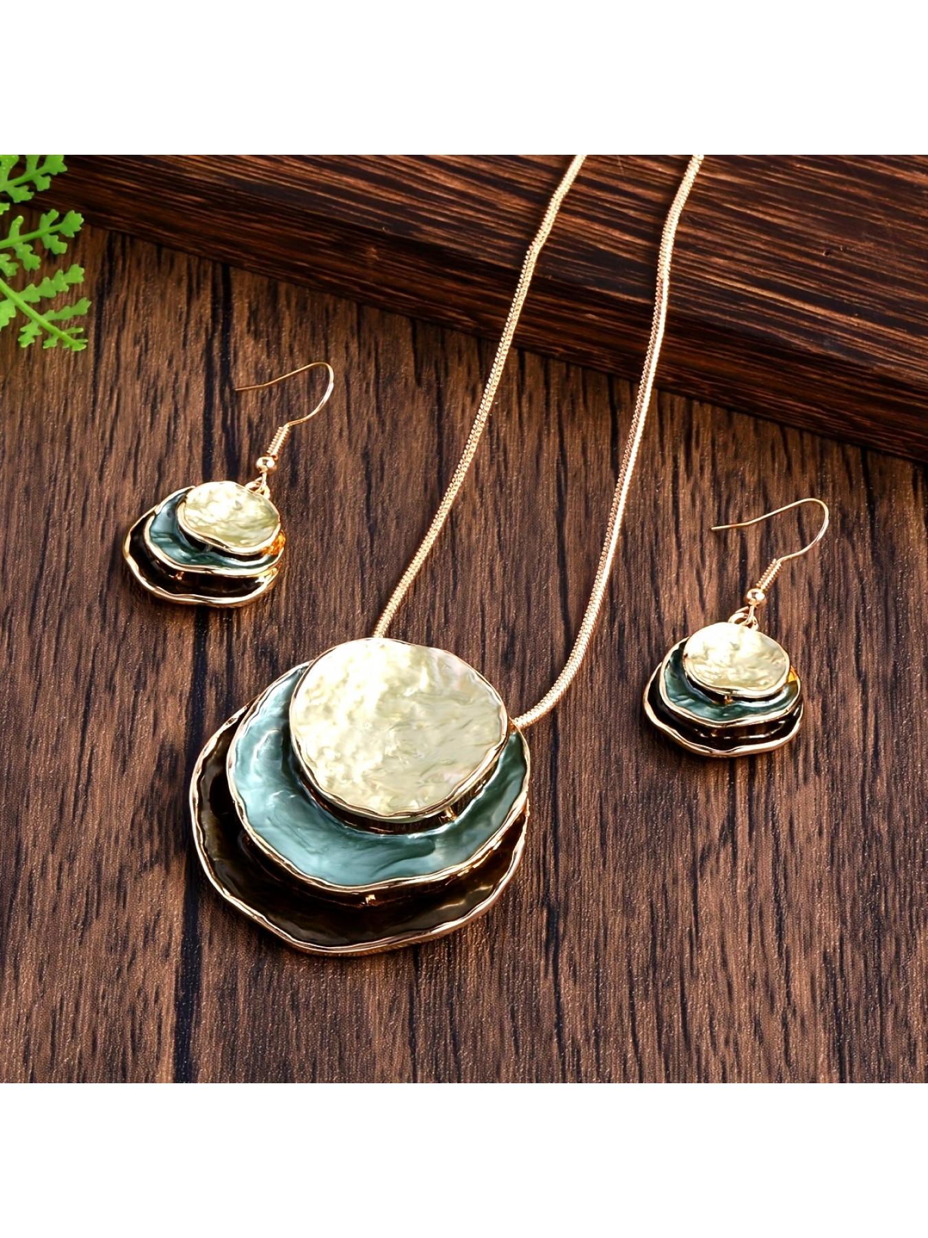 Boho 3-Layer Round Zinc Alloy Enamel Jewelry Set, Necklace & Earrings for Women