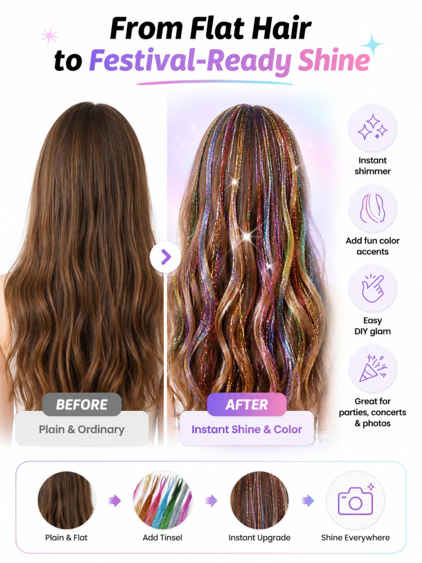 14pcs Glitter Colorful Clip On Hair Tinsel Kit,Synthetic Fiber Hair,20 Inch Clip In Hair Tinsel Extensions,Sparkle hair extensions,Clip-on Hair Pieces,clip in hair accessories,Cosplay Party Festival hair extensions