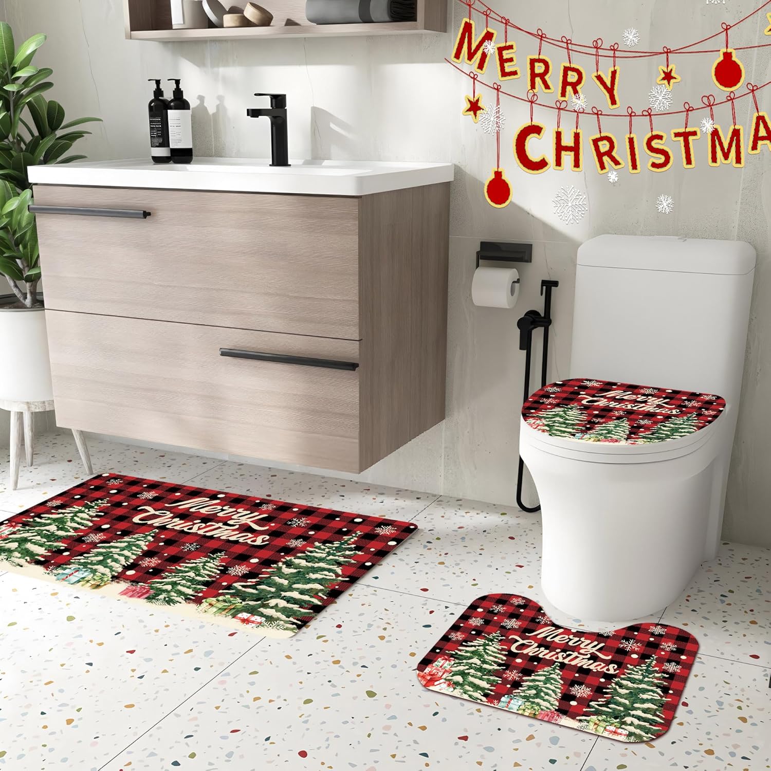 4 Pcs Christmas Shower Curtain Set Red Buffalo Plaid Bathroom Sets with Non-Slip Rugs Toilet Lid Cover Bath Mat with 12 Hooks Christmas Tree Shower Curtain for Xmas Winter Holiday Bathroom Home Decor