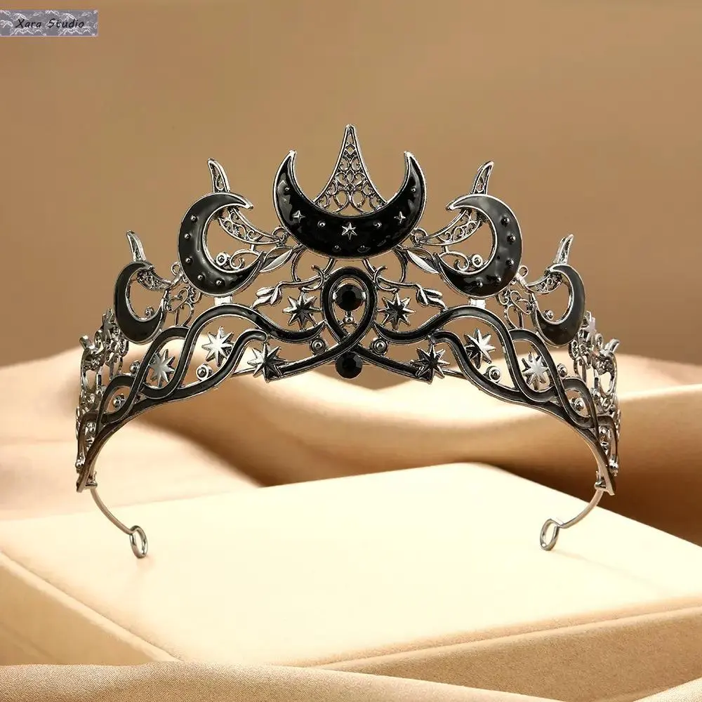 Gothic Moon-Star Rhinestone Crown, Funky Unique Accessories, Unisex Halloween Costume Headpiece for Witch Role Play Party Decoration