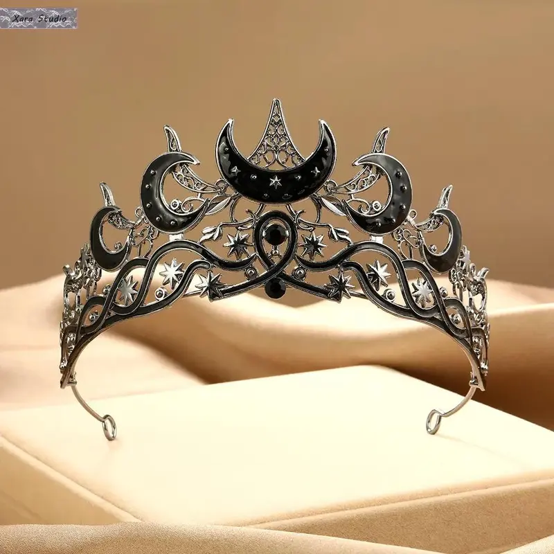 Gothic Moon-Star Rhinestone Black Crown Tiara - Black Stainless Steel Rhinestone Cap Headpiece, Unisex Gothic Fashion Accessory Sets for Halloween Witch Role Play, Party