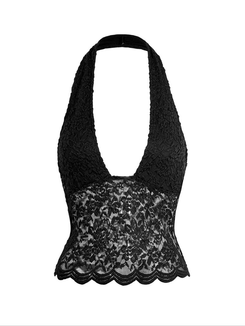 Spring Summer Y2K Lace Hollow Out Slim Fit Sexy Backless Top, Versatile Halter Neck Blouse, Women's Fashion Casual Wear