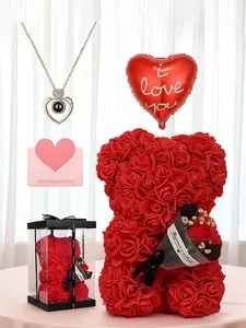 Eternal Rose Teddy Bear Gift Box with 100 Languages I Love You Projection Necklace, Romantic Keepsake for Couples, Perfect for Valentines Day