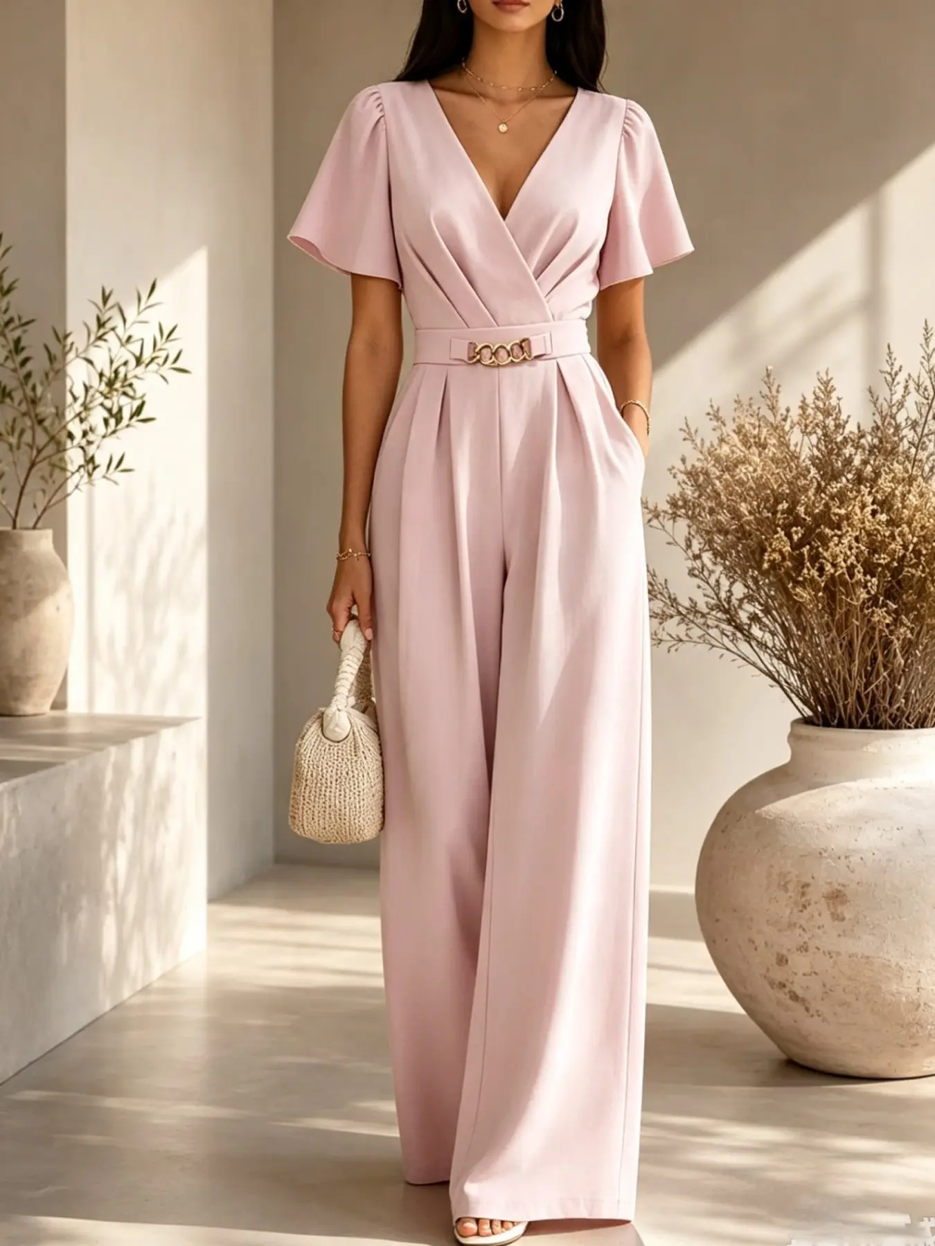 Elegant Women's Cross V-Neck Short Loose Jumpsuit, High-Waisted Wide Leg with Metal Chain Belt, Satin Formal for Office, Wedding, Dinner, Business, Vacation