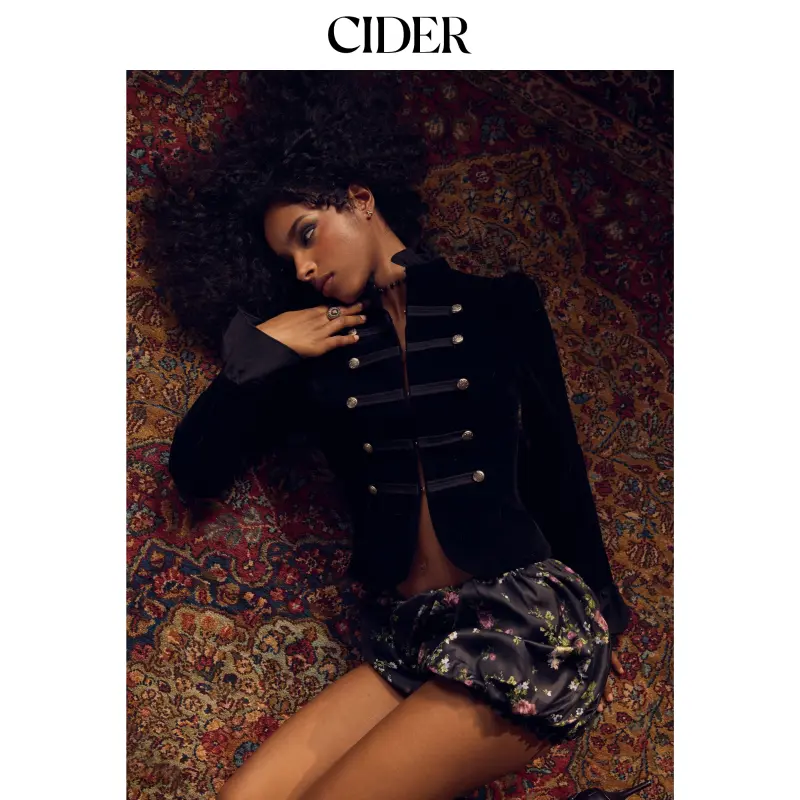 Cider Velvet Stand Collar Ruffled Metal Detail Ruffle Sleeve Jacket