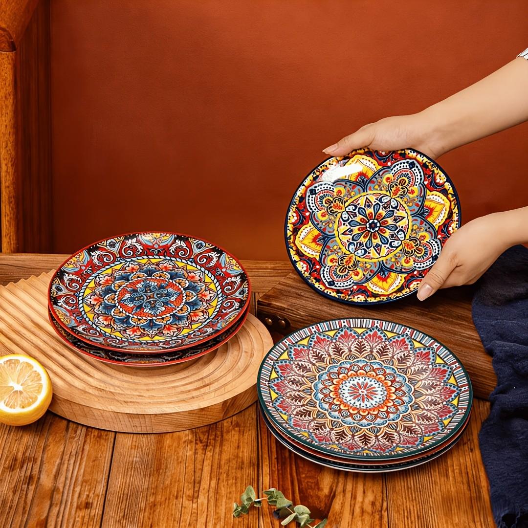 2-Piece 8.07-Inch Ceramic Plate Set, Boho Style Kitchen Diningware, Creative Home Tableware, Fruit Bowl, Steak Plate, Shallow Round Plates