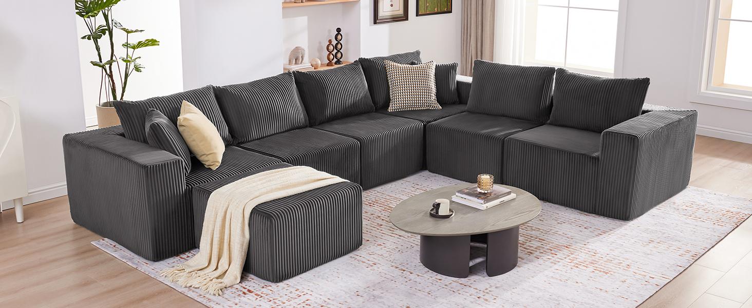 【4 packages】135.4" Cloud Couch Sectional, Sectional Sleeper Sofa with Deep Seat, Plush Corduroy U Shaped Boneless Couch, Convertible Modular Couches for Living Room, 7Seat