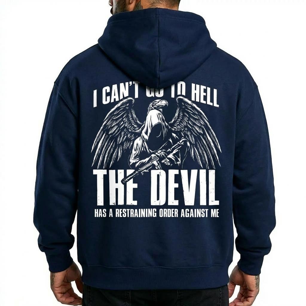 Funny Dark Humor Hoodie "I Can't Go To Hell" Quote Sweatshirt Edgy Grunge Aesthetic Gothic Skeleton Wing Graphic Hooded Top for Men Women Gift Printed Unisex Casual Hoodie
