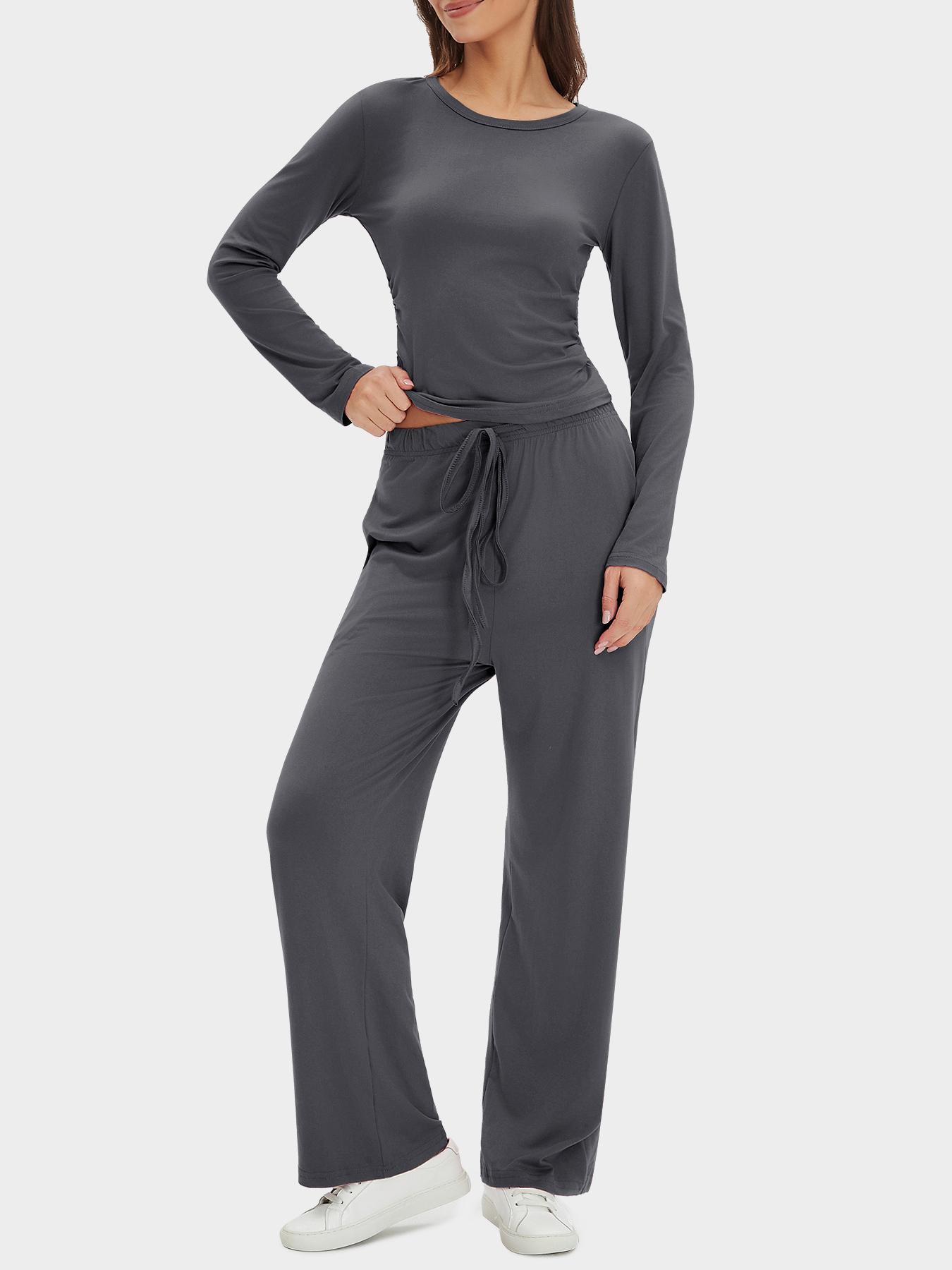 Women's 2-Piece Set Autumn and Winter Loungewear Sets, Ruched Fitted Long Sleeve Tops & High Waisted Wide Leg Pants