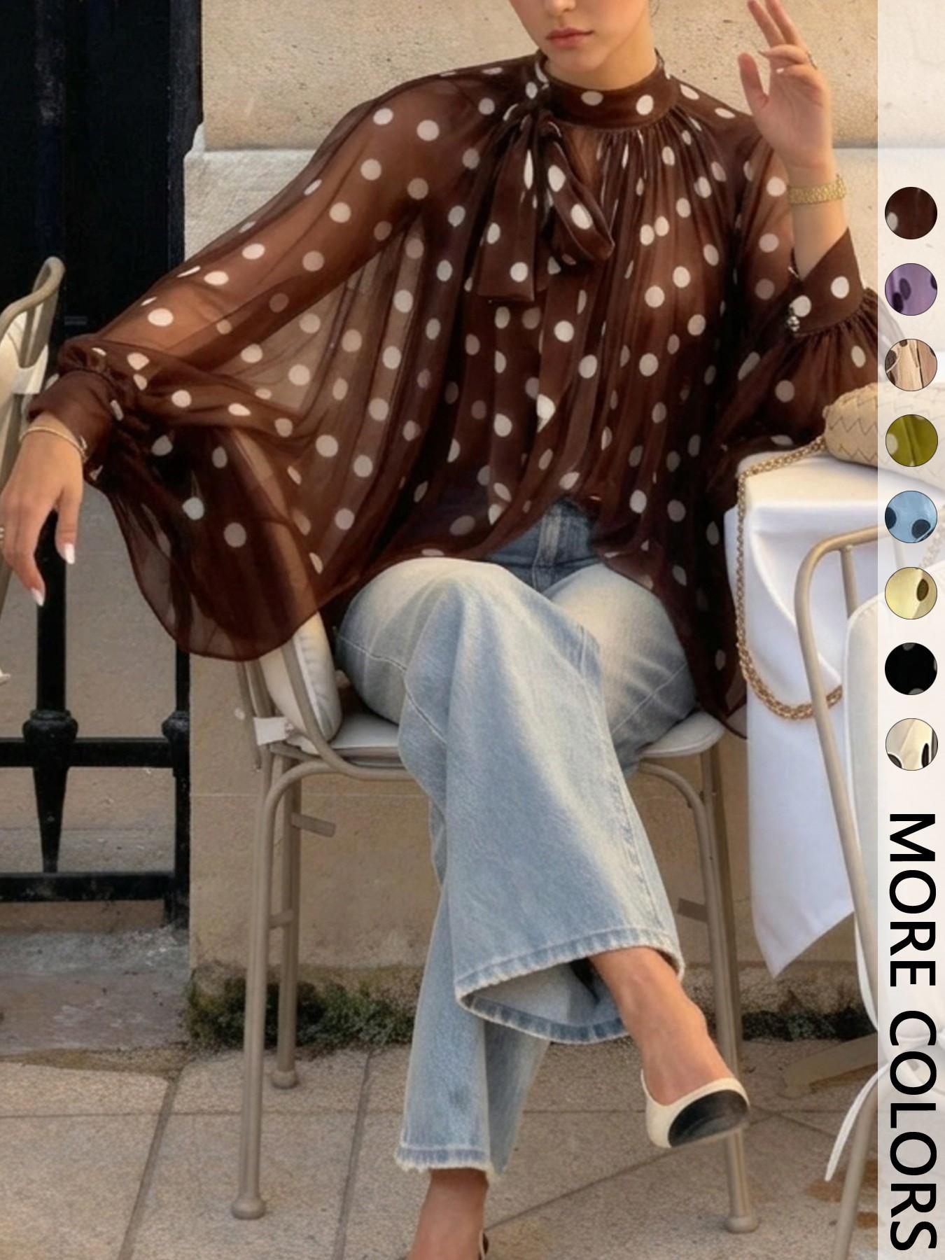 Women's Polka Dot Sheer Chiffon Blouse, Bow Tie Neck & Long-Sleeve Top, Loose Fit Elegant Feminine Shirt for Casual Daily, Party, Commute & Vacation Wear, Spring Summer Layering