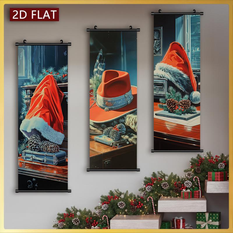 3Pcs Creative Christmas Hat Theme Hanging Scroll Poster Modern Minimalist Home Decor Paintings Odorless And Fade-Resistant Suitable For Bedroom Children'S Room Living Room Study Wall Decoration