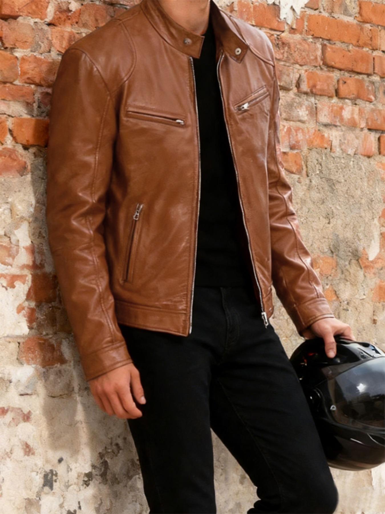 Men's Leather Jacket Spring & Fall Plain Casual Vintage Motorcycle Outerwear, Fitted Short Coat for Outdoor Riding