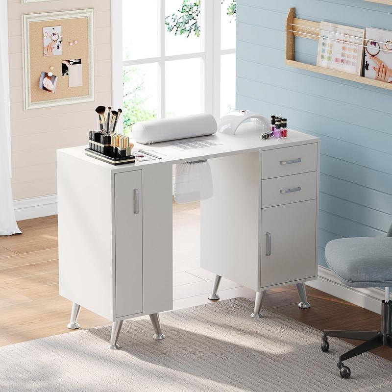 42.5 Inch Manicure Table, Nail Desk with Vertical Pull-Out Locker, 1 Storage Cabinet, 2 Drawers, 4-Tiers Open Shelves, Wrist Rest and Dust Collector, Nail Table Workstation for Beauty Salon