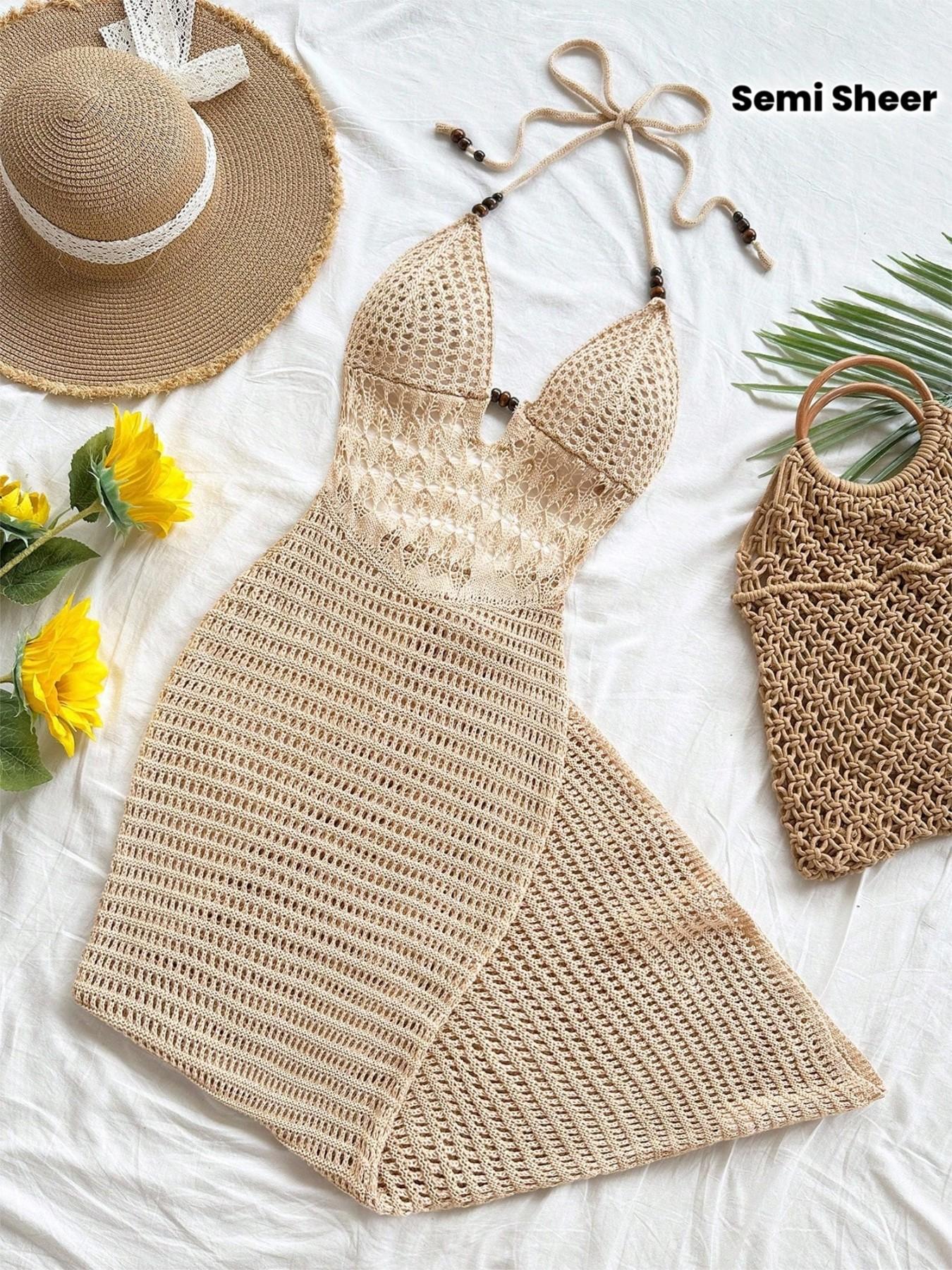 Women's Halter Knit Dress, Boho Style Lace Up Beach Cover-Up, Summer Vacation, Casual & Comfortable Design