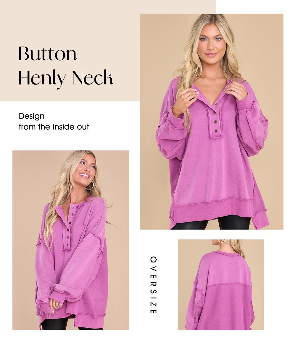EVALESS Women's Oversized Button Henley Sweatshirts,Casual Long Sleeve Pullover Sweater,V Neck Solid Patchwork Tunic Tops,2026 Fashion Womenswear Fall Winter Outfits