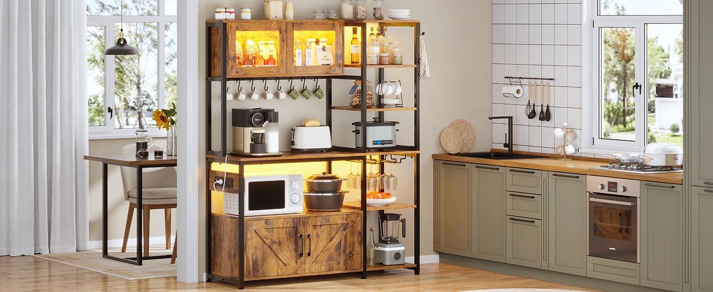 Sikaic 45.3 Inches Farmhouse Coffee Bar Bakers Rack with Power Outlet and LED Light Cabinet Kitchen with Storage Organiser Cup Holders Furniture Stand