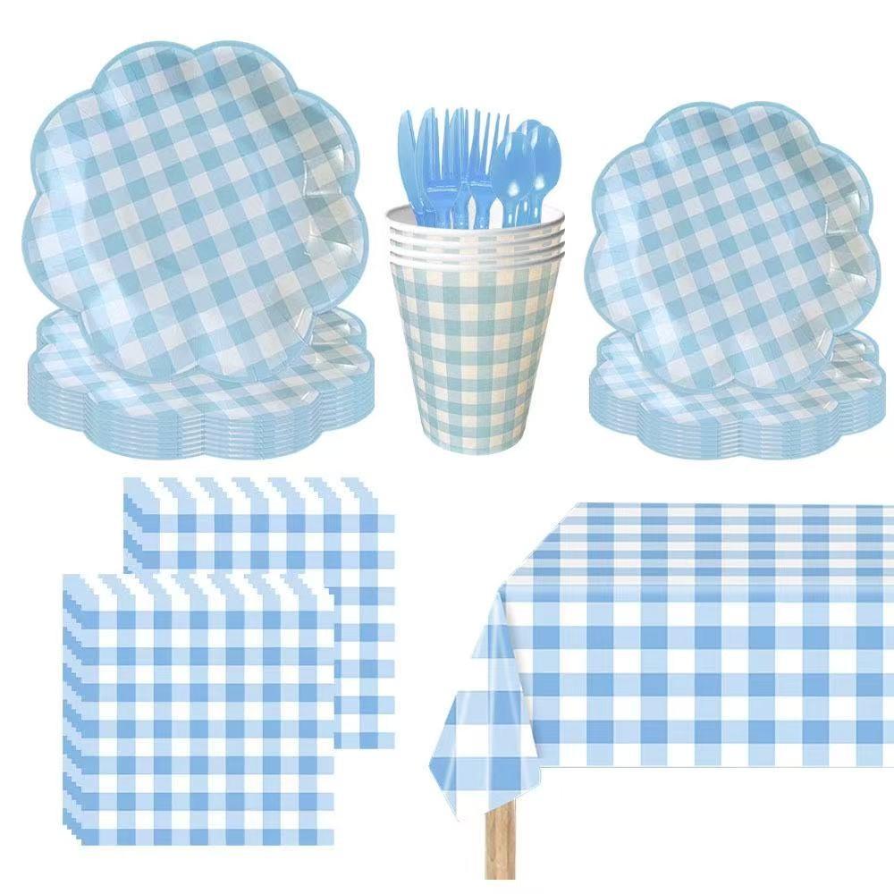 Party Supplies Set, 10-Person Plaid Design, Includes Tablecloth, Paper Plates, Cups, Napkins, Cutlery, Ideal for Birthday Parties