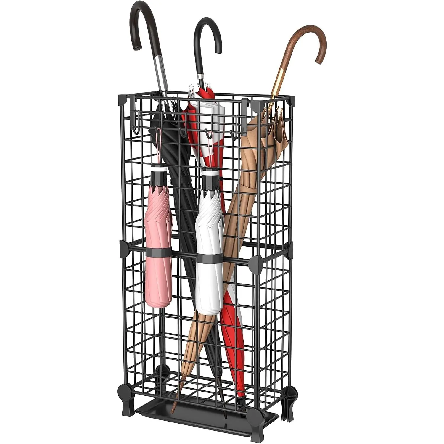 AWTATOS Umbrella Holder Entryway, Umbrella Stand Freestanding, Black| Metal Square Umbrella Rack Organizer with a Removable Drip Tray, Hooks