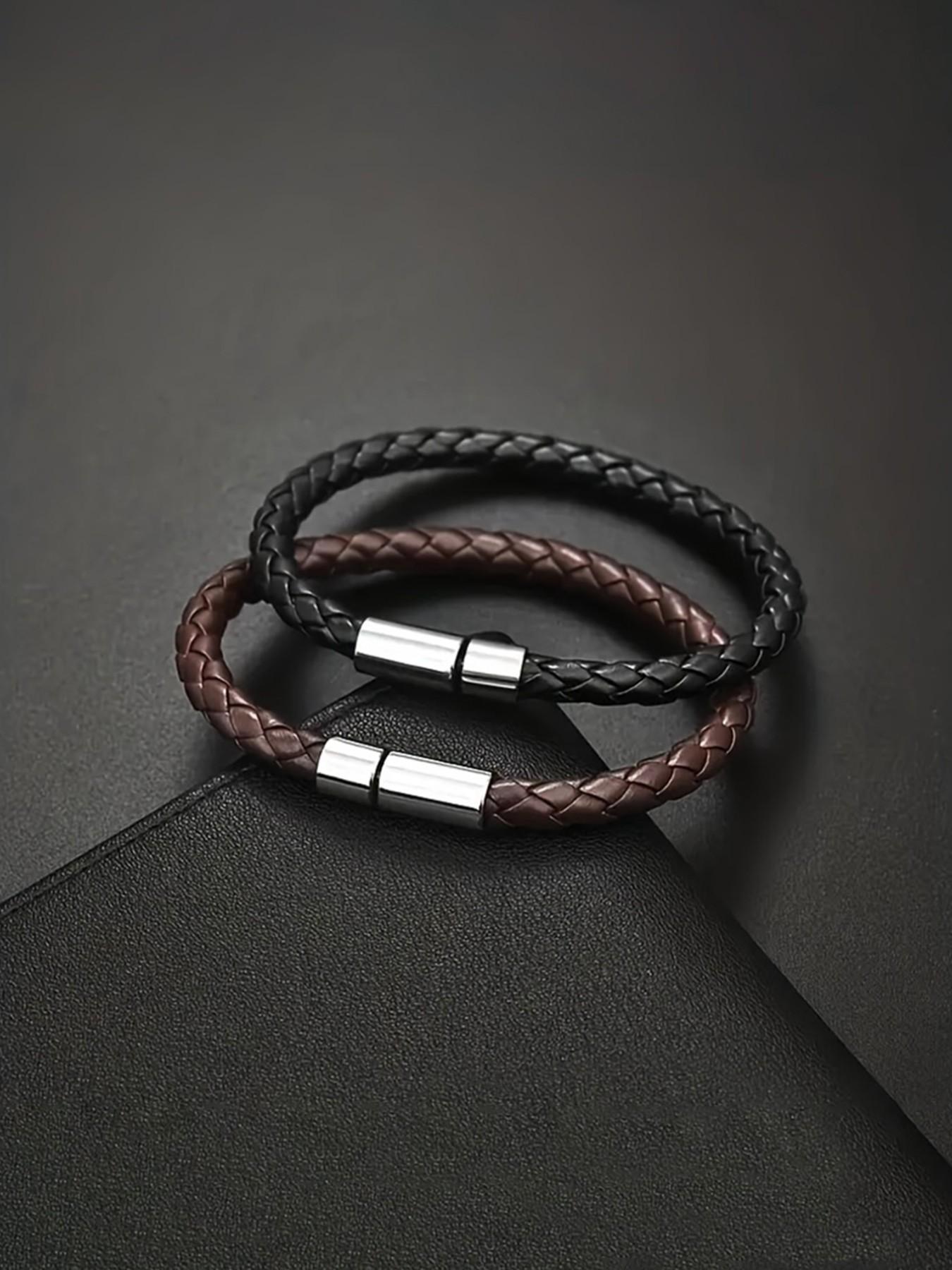 Men's Fine Woven Leather Bracelet, Minimalist Casual Style, Thin Braided Wristband, Fashion Accessory for Daily Wear, Perfect Gift