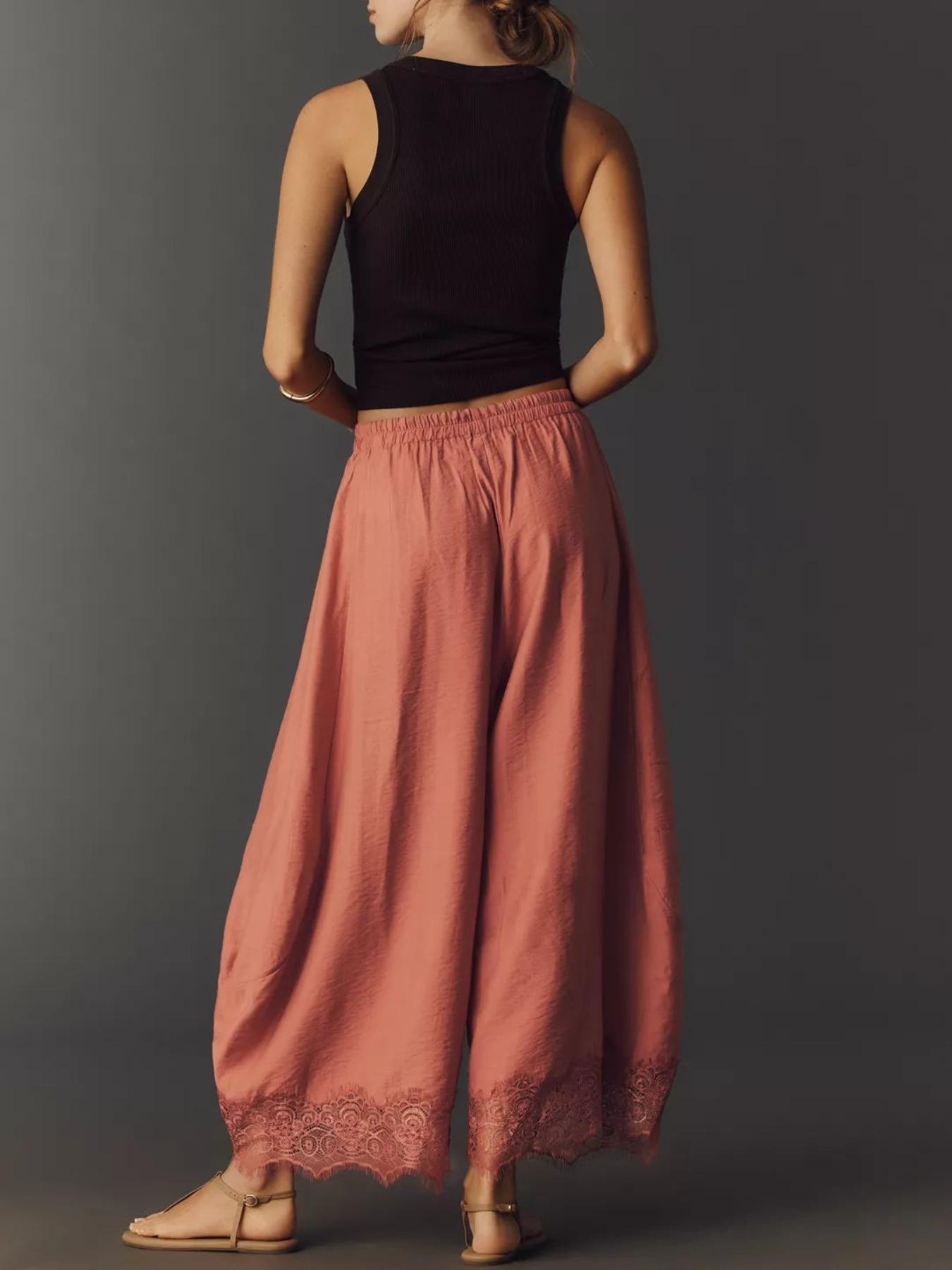 Women's Casual Pocket Elastic Waist Long Pants, Lace Patchwork Bottoms, Asymmetrical Hem, Summer Loose Wide-Leg Pants, Womenswear Women's Casual Pocket Elastic Waist Long Pants, Lace Patchwork Bottoms, Asymmetrical Hem, Summer Loose Wide-Leg Pants, Womenswear