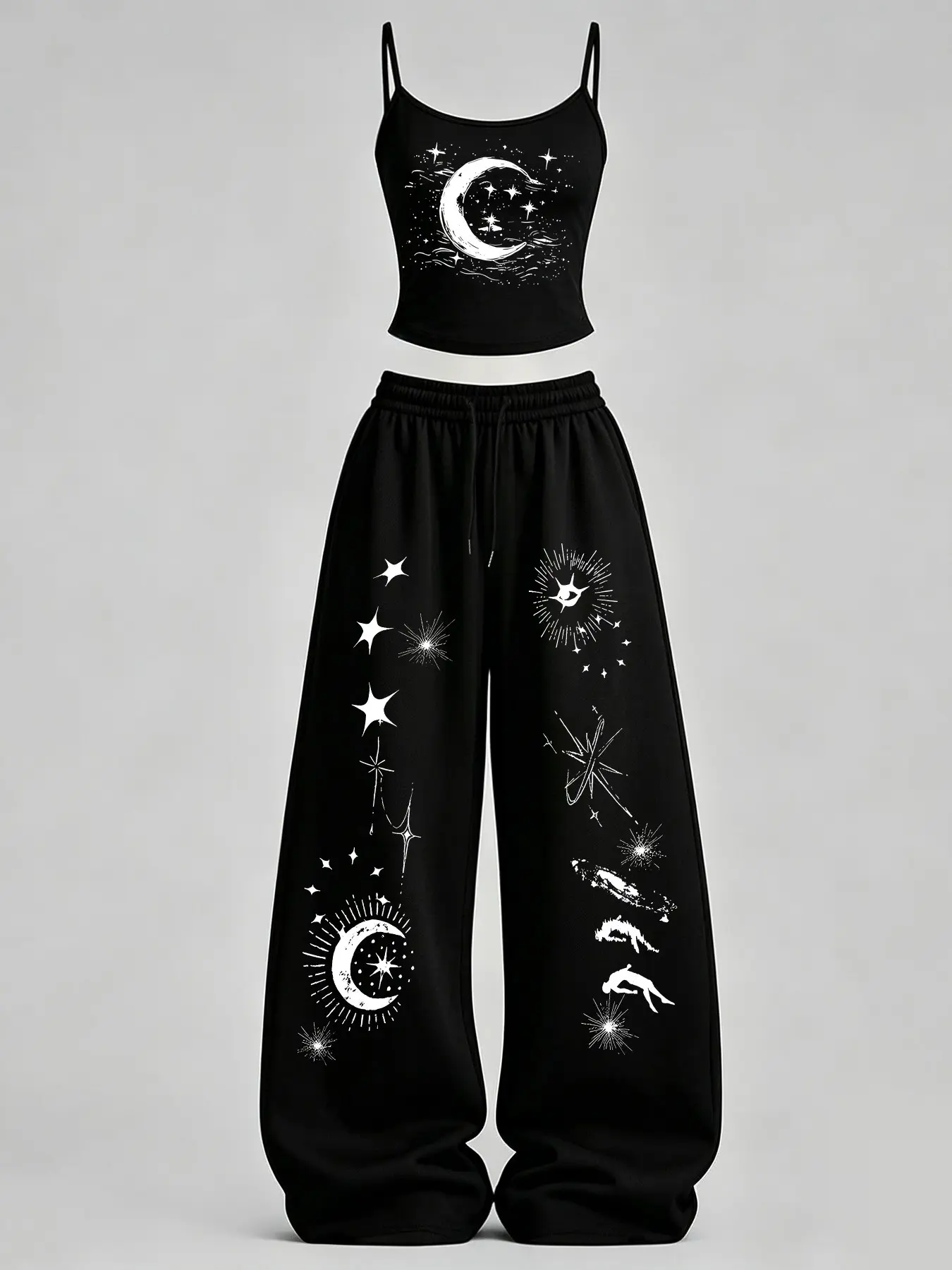 Women's Casual Home Wear Set, Star and Moon Print Slim Fit Tank Top + Loose Pants, Y2K Street Style, Daily Commute, Campus, Home Relax