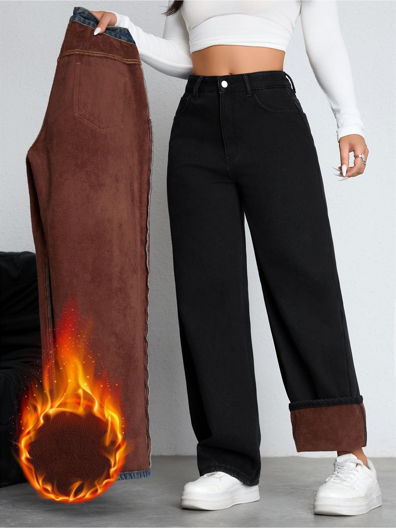 Women's Fleece Lined Thickened Fall Winter Wide Leg Jeans, Elegant Woven Fabric, Fashionable & Versatile, Chic, Straight Fit Denim Jeans, Bottom