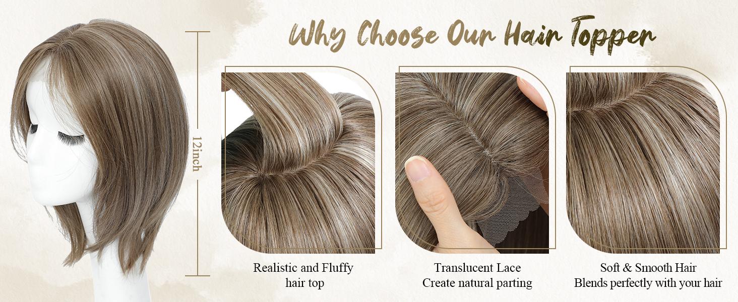 Ms Taj Hair Topper 12 Inch Hair Toppers for Women with Thinning Hair 6.5"x6.5" Large Base Synthetic Hair Topper with Bangs Fiber Wiglets Ladies Toppers Hair Pieces for Women