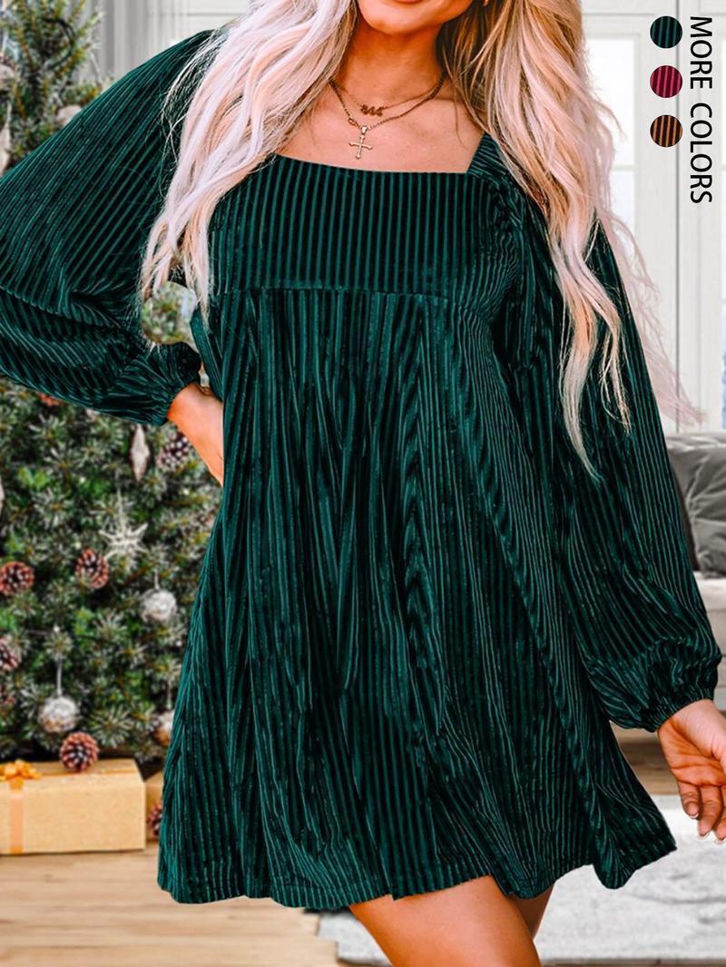 Women's Plain Bishop Sleeve Tie Back Square Neck Elastic Velvet Dress, Elegant Long Sleeve A Line Short Dress for Party Holiday Wedding Guest,Christmas Dress, Ladies Clothes for Winter