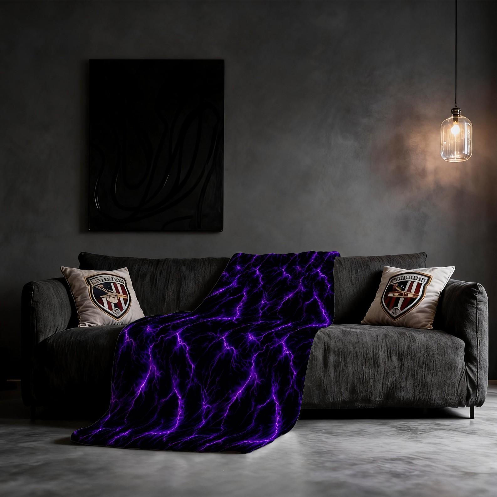 Purple Lightning Flannel Blanket, Single-Side Printed, Cool & Trendy Neon Style, Soft & Skin-Friendly, Multi-Use Throw for Sofa, Bed, Camping & Travel, All-Season, Perfect Gift Option