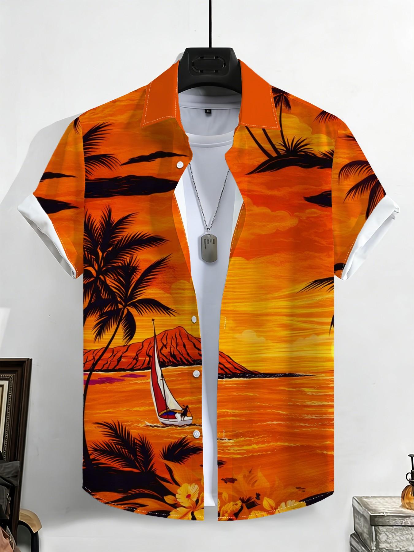 Large Size Men's Sunset Island Style Shirt, Summer Loose Fit Breathable Short Sleeve, Plus Size Beach Vacation Casual Top
