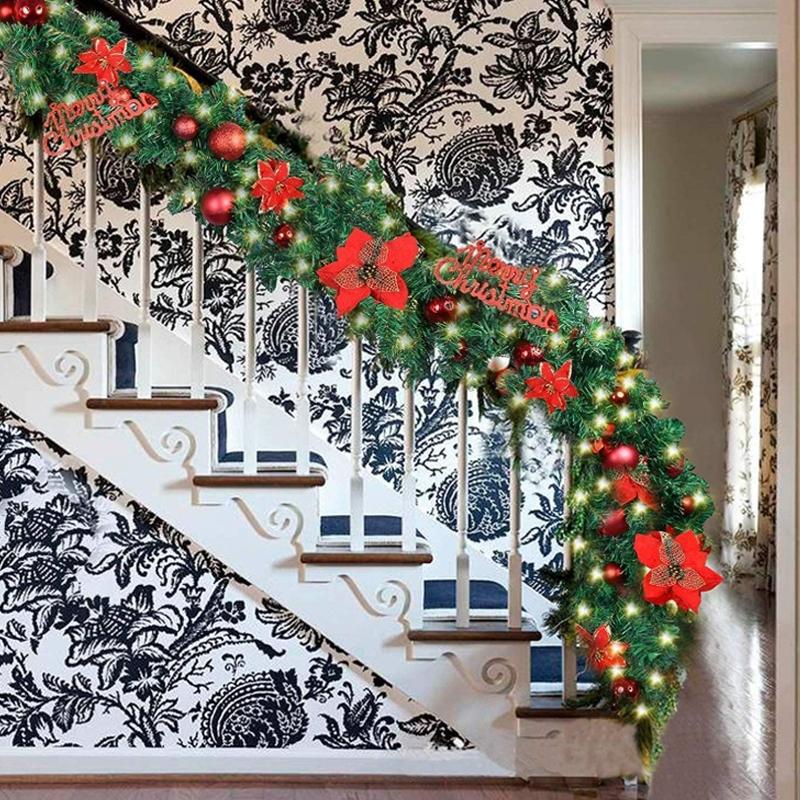 1 artificial Christmas garland light, green vines with red flowers indoor decorative lights, battery-powered LED lights, 2025 new Christmas atmosphere lights, suitable for home stairs, fireplaces, front porch doors, indoor and outdoor Christmas decoration