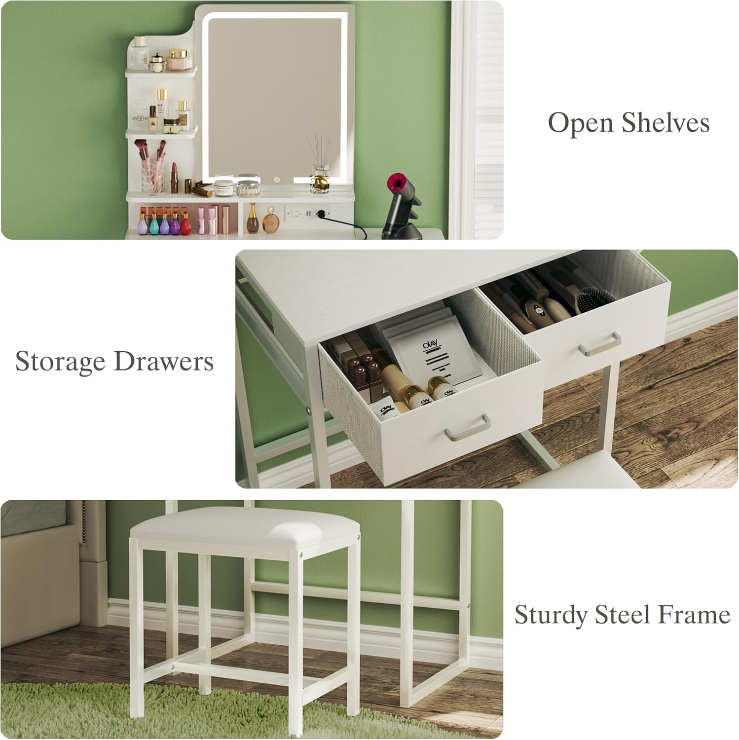 Makeup Vanity Desk with Mirror and Lights, Small Makeup Vanity with Fabric Storage Drawer & Chair & Shelves, White Vanity with Fold-up Panel and Power Outlet for Bedroom