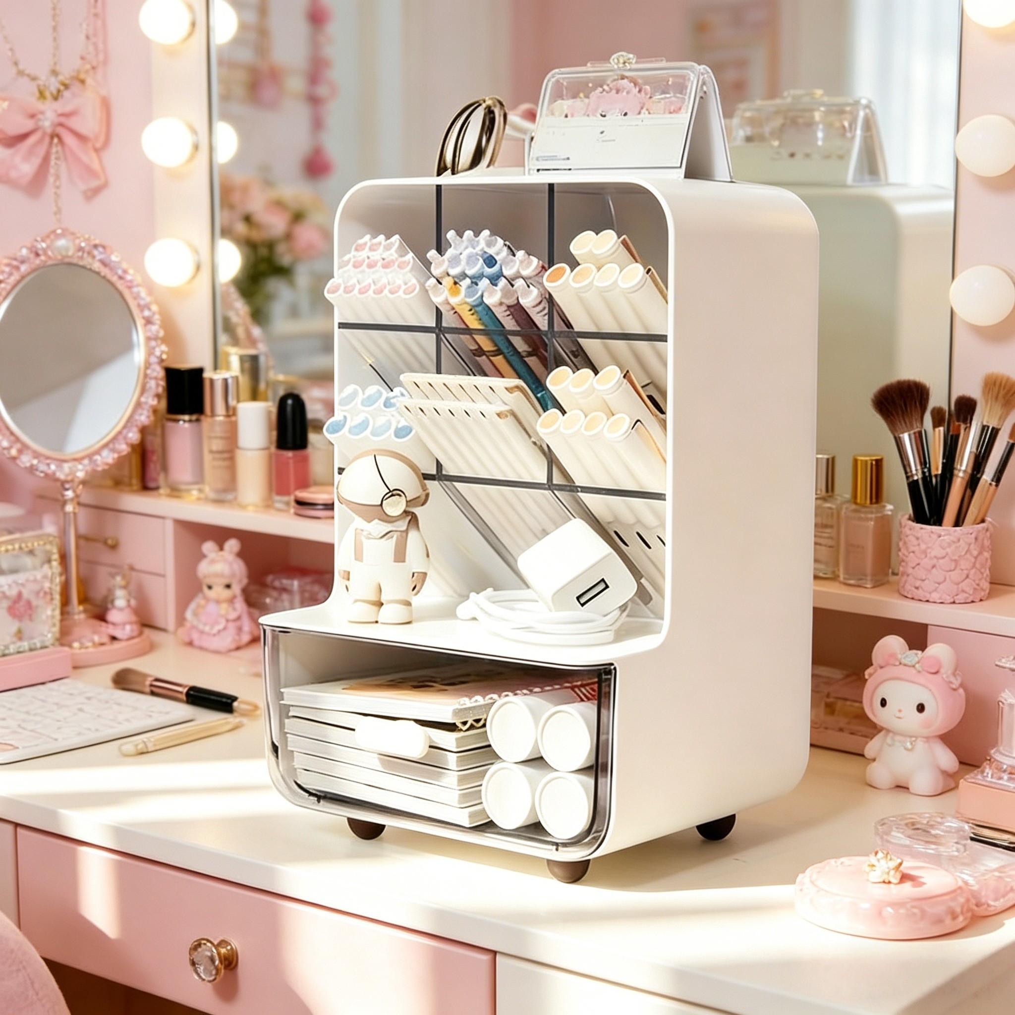 Transparent Dustproof Storage Box with Wheels Large Capacity Organizer for Dorm Room Desk Office Supplies Stackable Clear Storage Case for Stationery and Miscellaneous Items Plastic Box