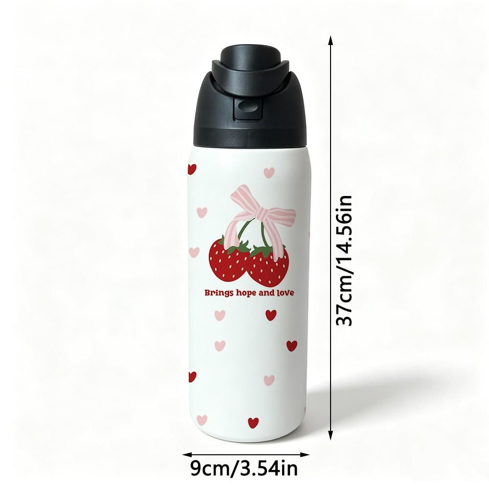 Sweet Bow Strawberry Heart 32oz Insulated Cup, 304 Stainless Steel, Portable Direct Drink, Girl Style, Car Travel Water Bottle, 1 Piece