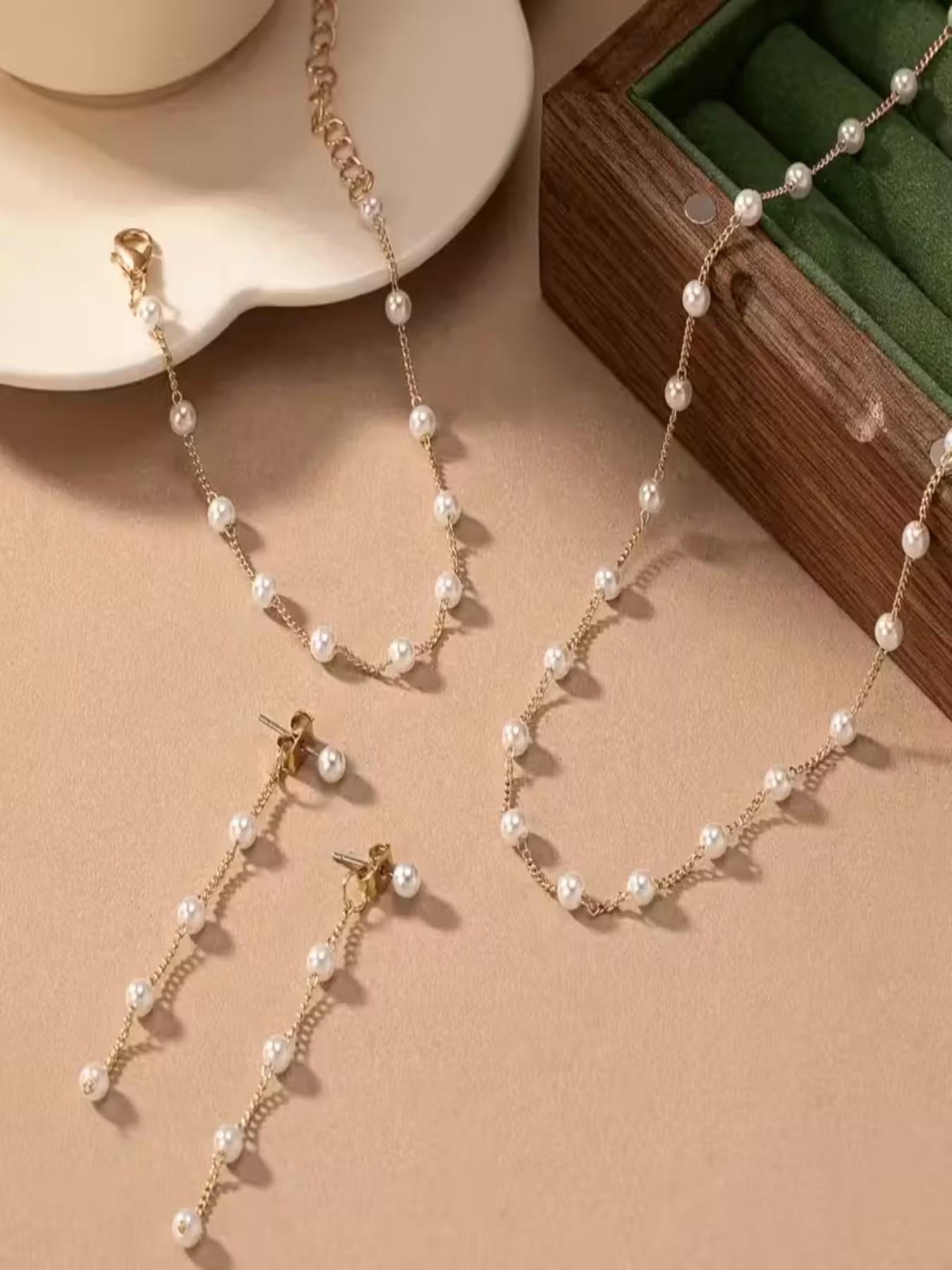 Gentle Pearl Jewelry Set, 4-Piece Choker, Tassel Earrings, Fine Bracelet, Chic Glamorous Accessories, Perfect Gift