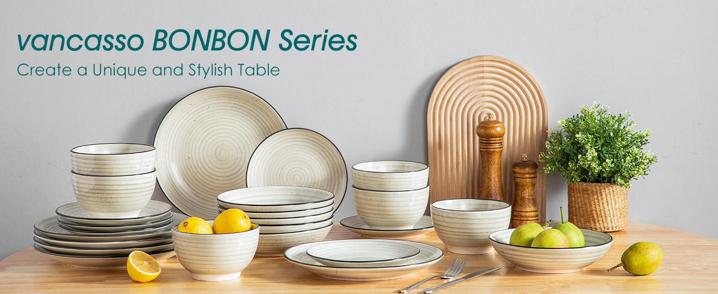 vancasso Bonbon Beige Dinner Set, 24 Pieces Dinner Sets for 6 People, Handpainted Swirls Plates and Bowls Set in Rustic Look, Include Dinner Plates, Dessert Plates, Pasta Bowls and Cereal Bowl Tableware Serving