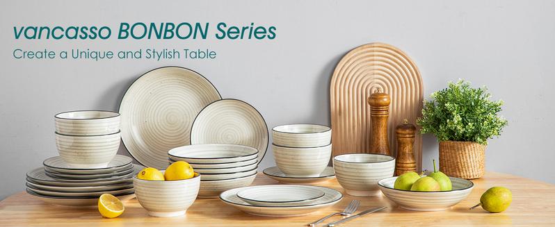 vancasso Bonbon Beige Dinner Set, 24 Pieces Dinner Sets for 6 People, Handpainted Swirls Plates and Bowls Set in Rustic Look, Include Dinner Plates, Dessert Plates, Pasta Bowls and Cereal Bowl Tableware Serving